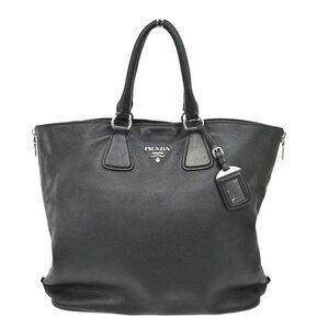 PRADA Logo Side zipper Hand Tote Bag Pebbled leather Black SHW 87TA115